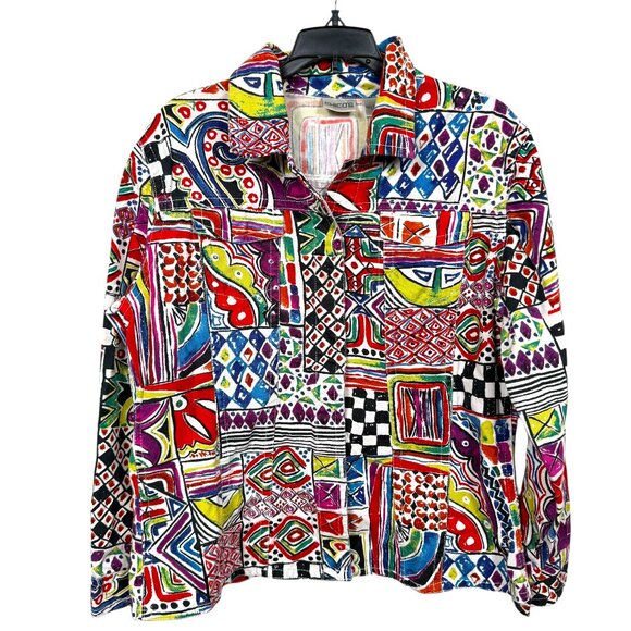 Chicos Jacket Size 2 US Large Multicolor Print Art to Wear Trucker Snap - Picture 1 of 10